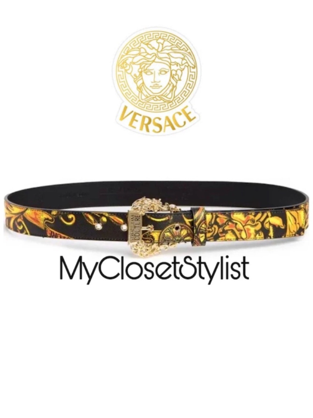 New Mens VERSACE Gold Statement Leather Belt Signature Pattern Italy 95 large 36